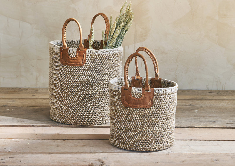 Coil & Leather Basket - Natural/Charcoal - KAGU 
